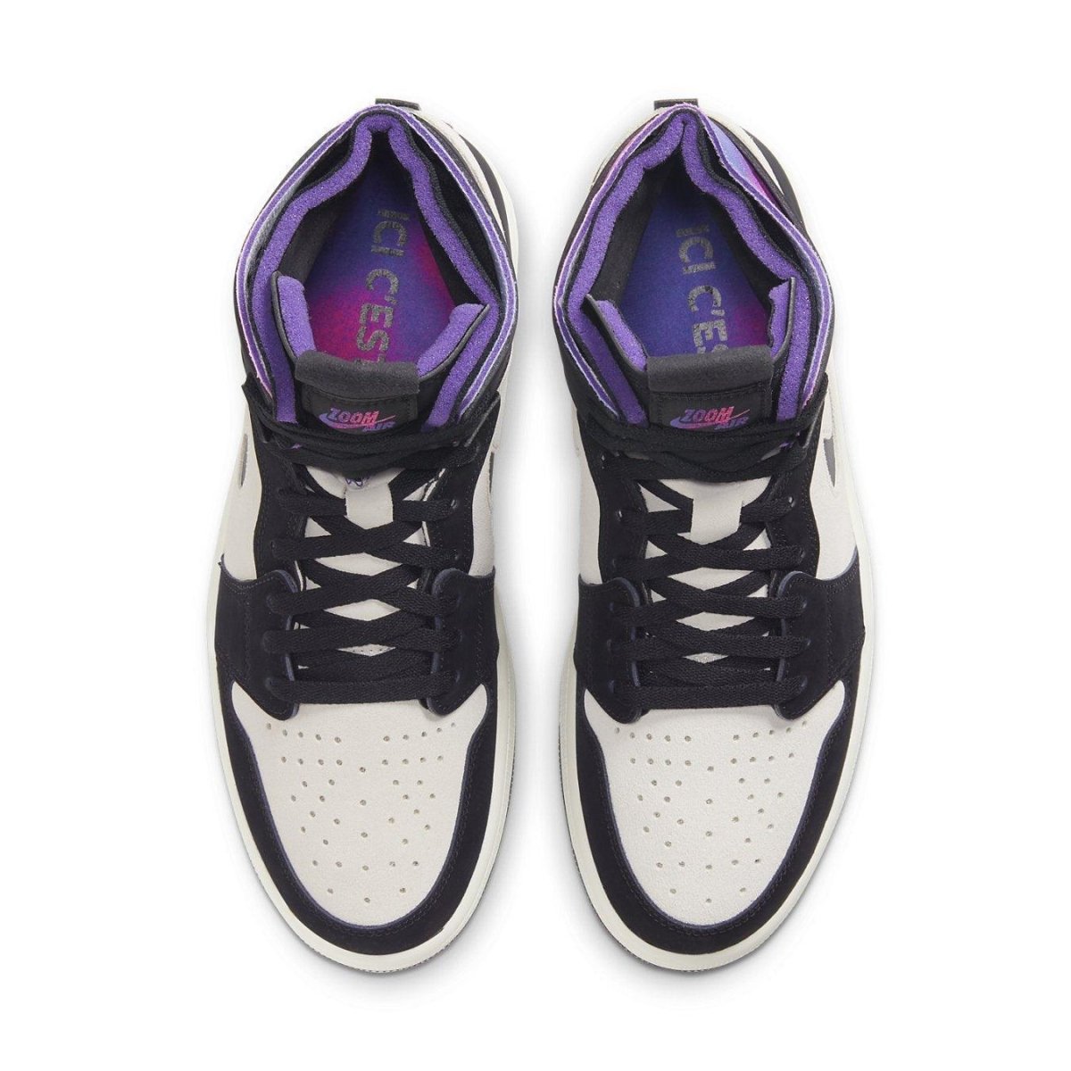 Top view of Jordan 1 Zoom Air CMFT PSG with black and white suede, purple accents, and iridescent details.