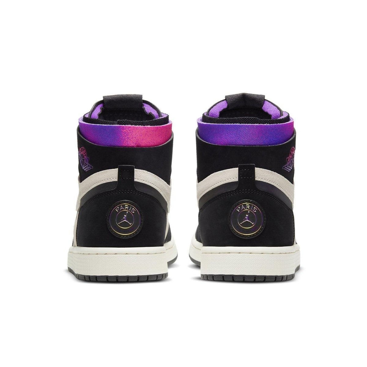 Back view of Jordan 1 Zoom Air CMFT PSG sneakers featuring black suede, vibrant purple collar, and Paris logo detail.
