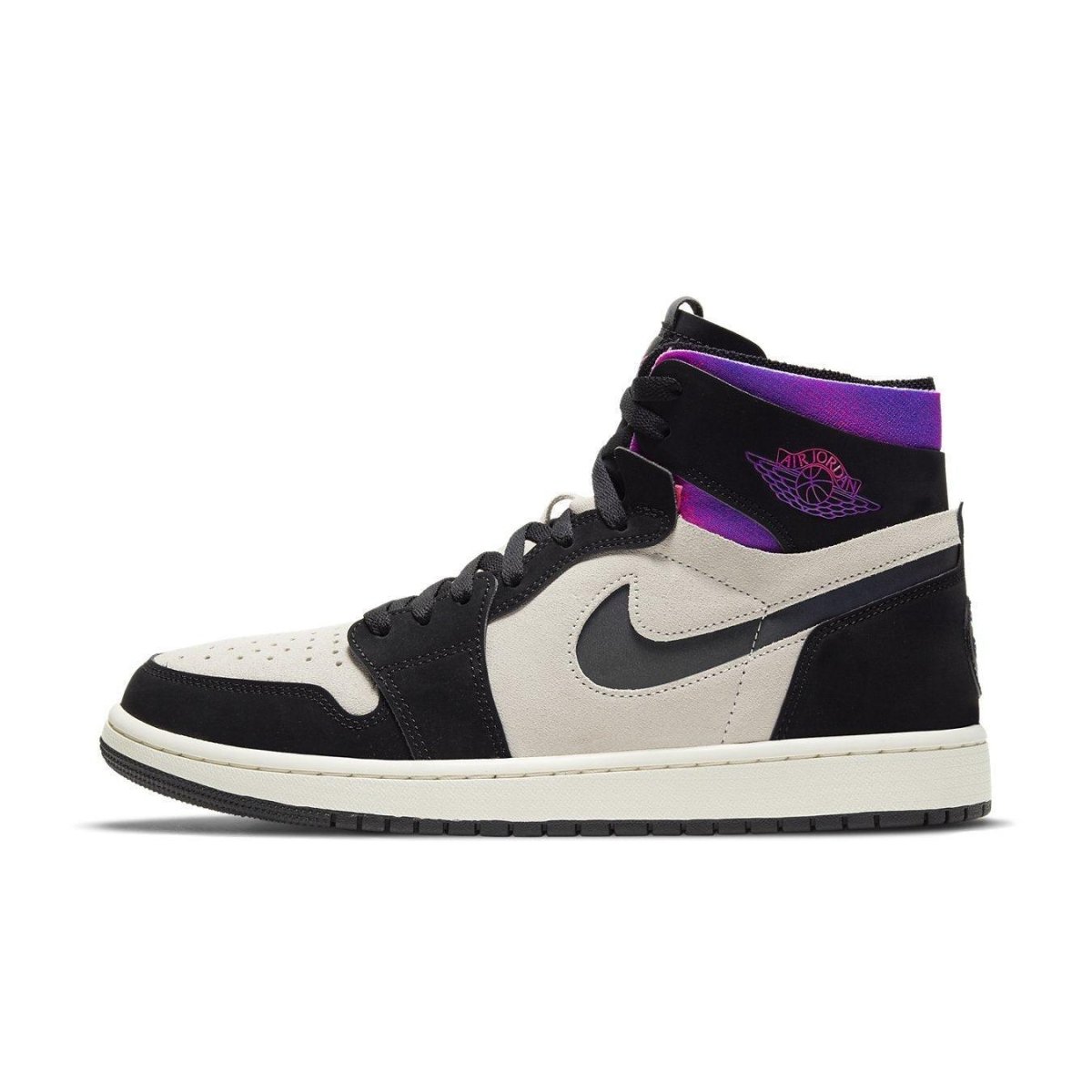 Jordan 1 Zoom Air CMFT PSG in white suede and black nubuck with iridescent Swoosh, featuring vibrant pink and purple accents.