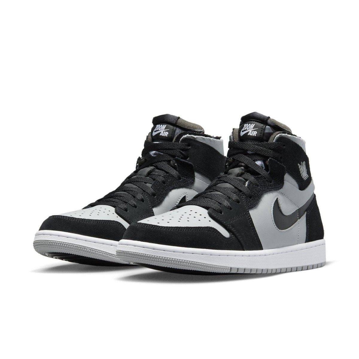 Air Jordan 1 Zoom CMFT Black Light Smoke Grey sneaker with black and gray design, showcasing suede and leather materials.