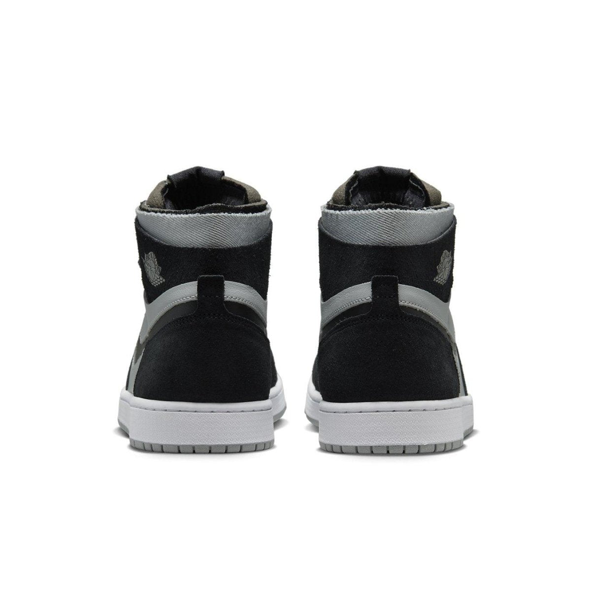 Rear view of Jordan 1 Zoom CMFT Black Light Smoke Grey showcasing black suede and grey accents.