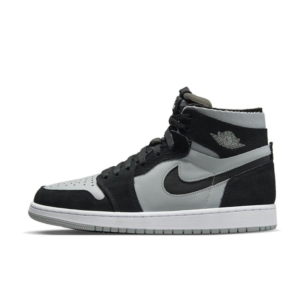 Air Jordan 1 Zoom CMFT Black Light Smoke Grey sneaker featuring black suede and grey leather design.