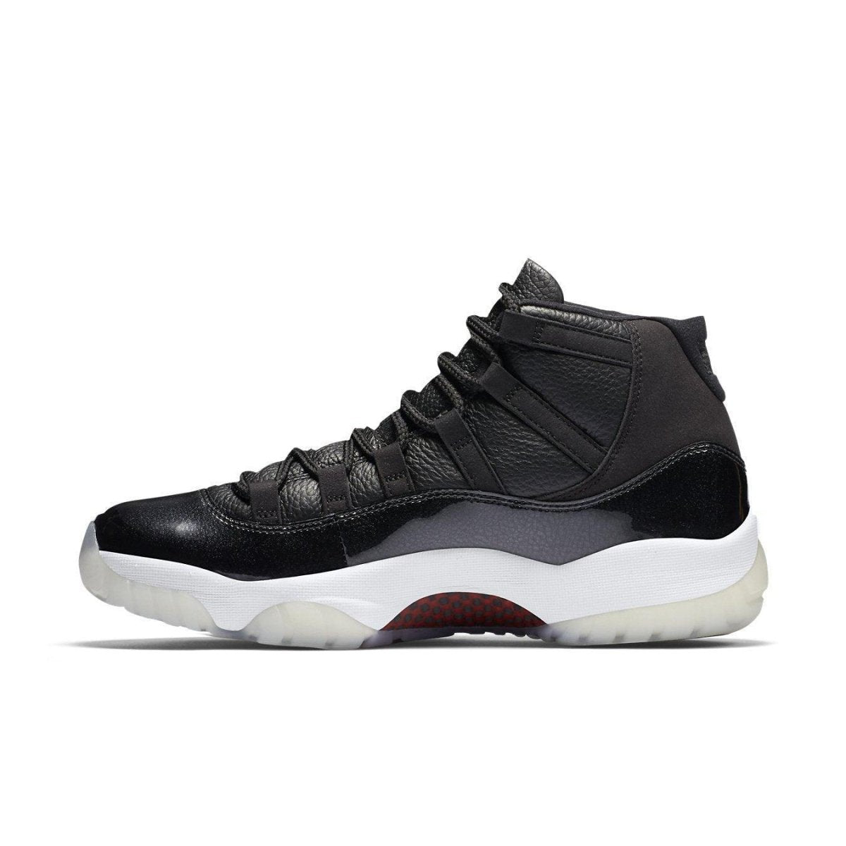 Air Jordan 11 Retro '72-10' shoes featuring black leather and patent detailing.