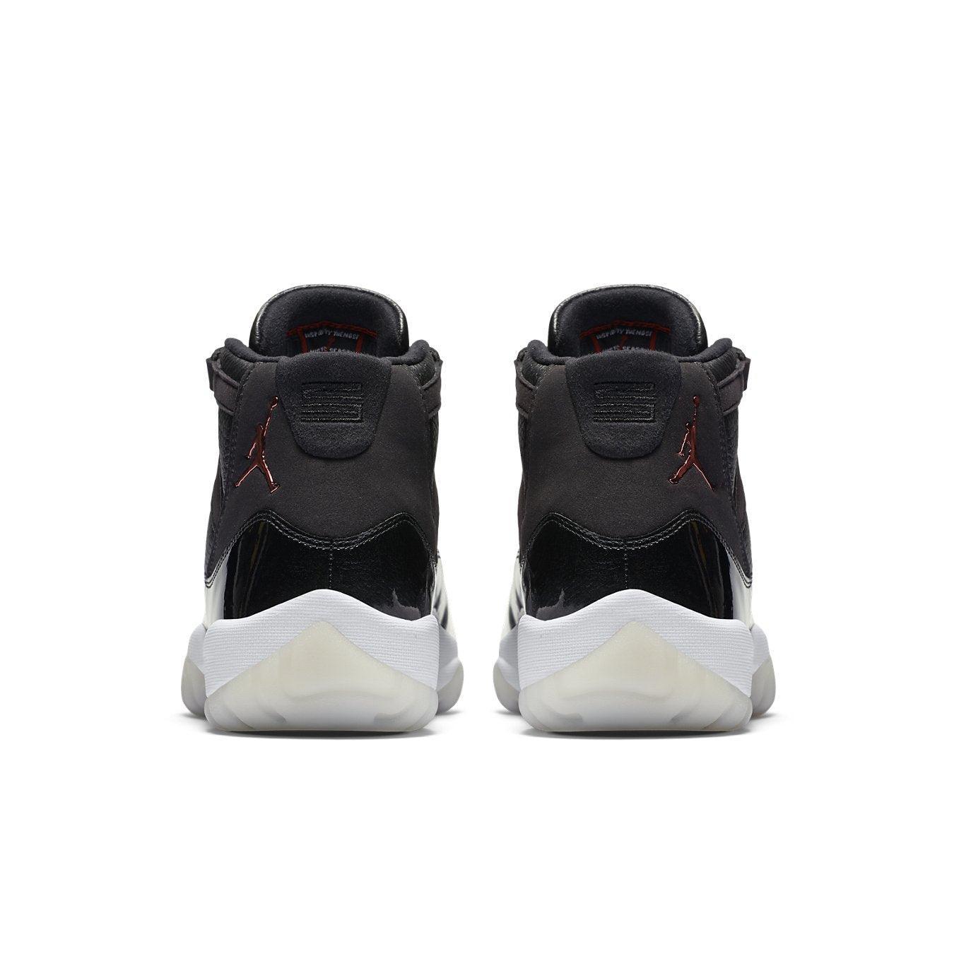 Retro Jordan 11 '72-10' sneakers featuring premium materials and a distinctive design, showcasing the back view.
