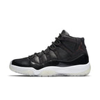 Jordan 11 Retro 72-10 sneaker featuring black leather upper and white sole, commemorating the Bulls' 1995-96 championship.