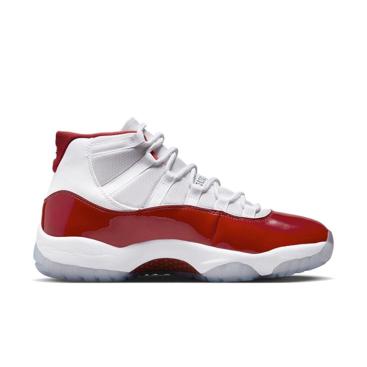 Air Jordan 11 Retro Cherry 2022 in white and red design with glossy detailing and icy blue sole.