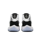 Jordan 11 Retro Concord 2018 sneakers, featuring classic black and white design with '45' heel details.