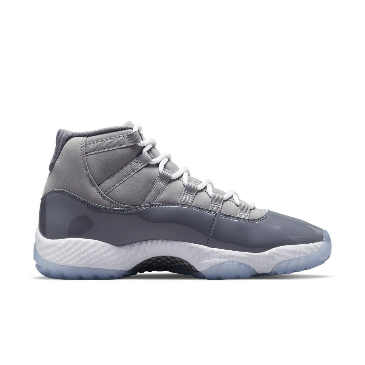 Air Jordan 11 Retro Cool Grey 2021 side view, featuring nubuck and patent leather design.