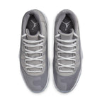 Top view of Air Jordan 11 Retro Cool Grey 2021 sneakers with sleek nubuck and glossy patent leather.