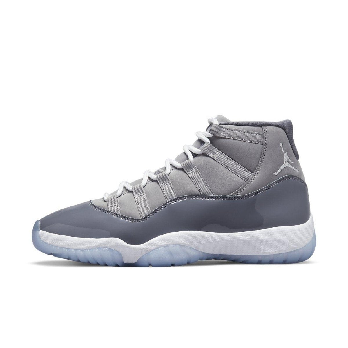 Jordan 11 Retro Cool Grey 2021 mid-top sneakers with grey nubuck and patent leather detailing.