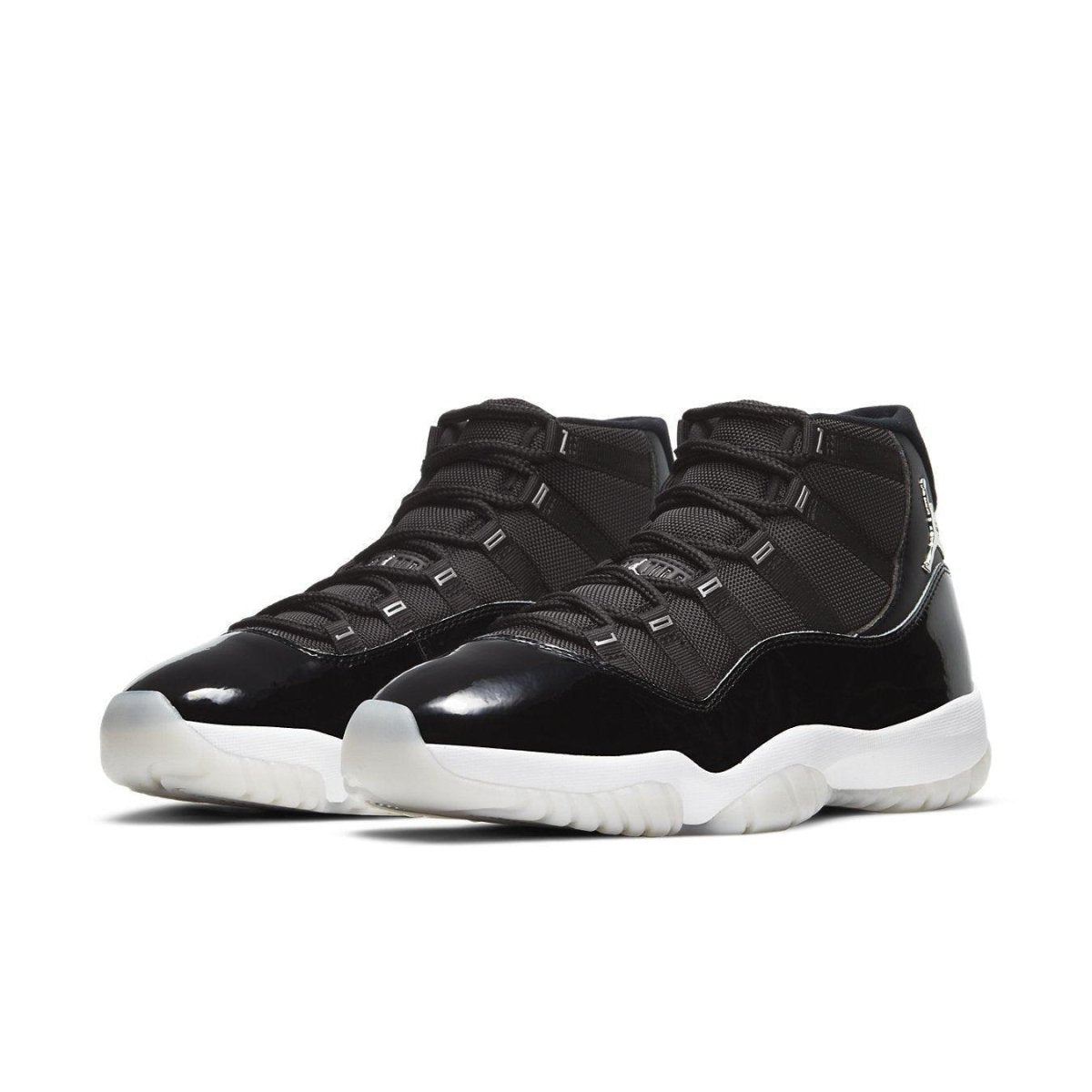 Air Jordan 11 Retro Jubilee 25th Anniversary in all-black with reflective details and white outsole.