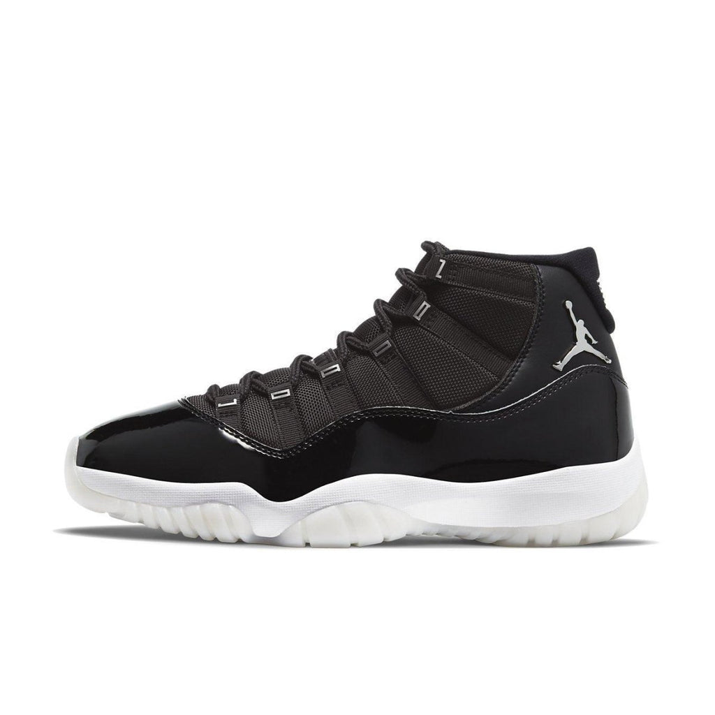 Air Jordan 11 Retro Jubilee 25th Anniversary sneaker featuring a black patent leather upper and iconic Jumpman logo.