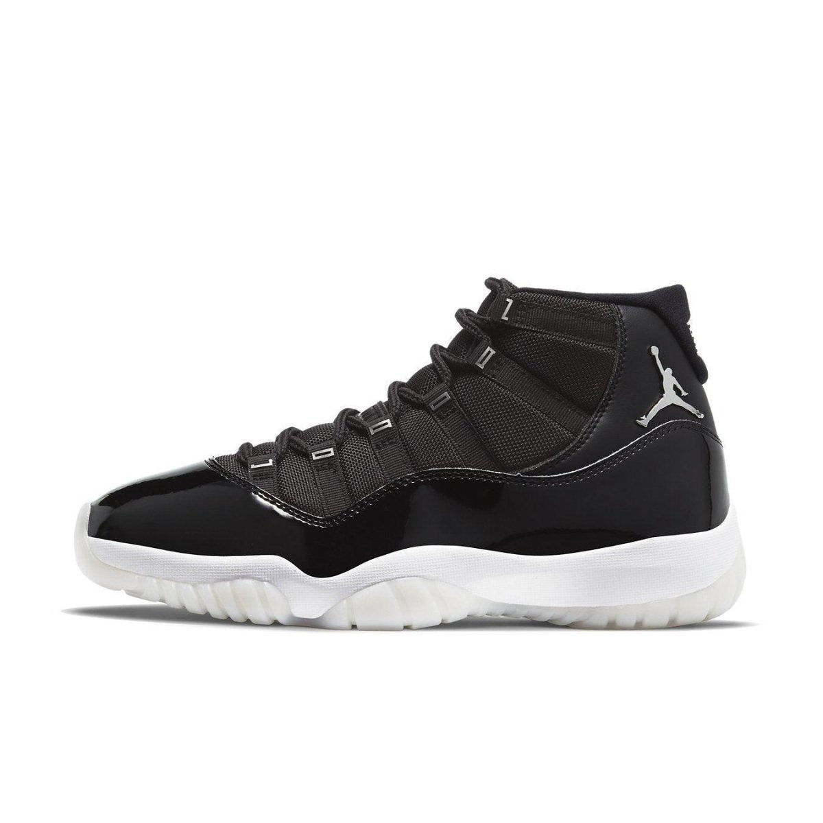 Air Jordan 11 Retro Jubilee 25th Anniversary sneaker featuring a black patent leather upper and iconic Jumpman logo.