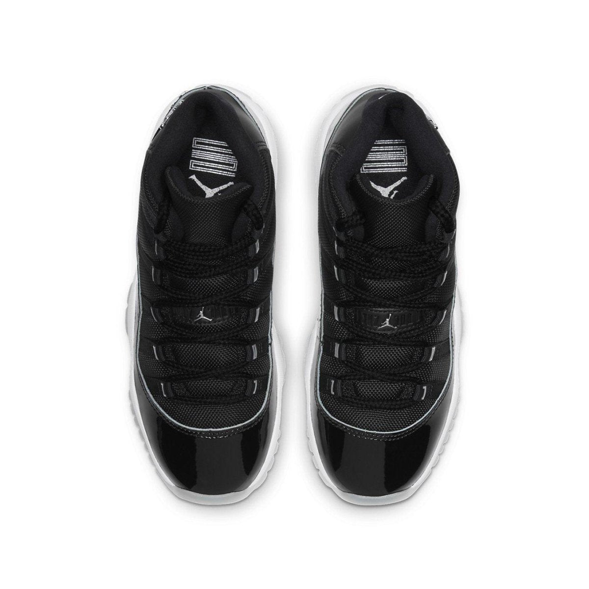 Top view of Air Jordan 11 Retro Jubilee shoes featuring black mesh and patent leather design.