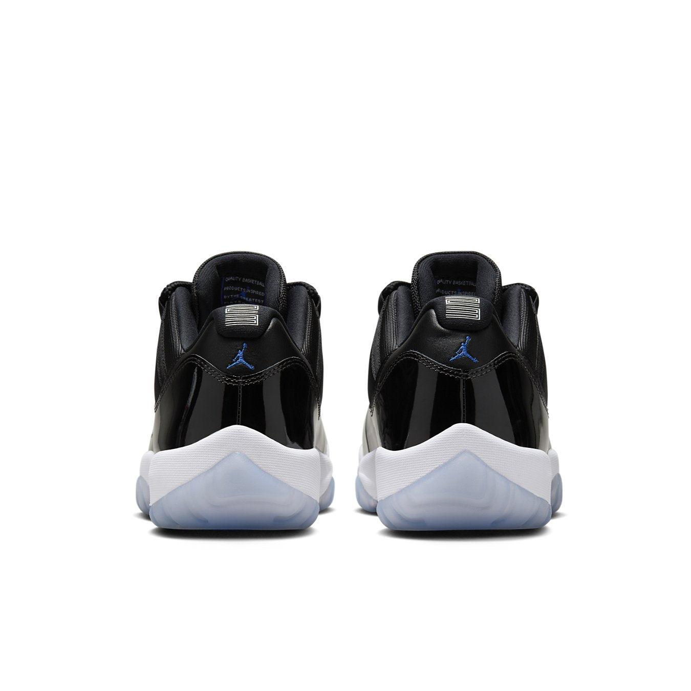 Jordan 11 Retro Low Space Jam rear view showcasing sleek black design and iconic '23' detail.