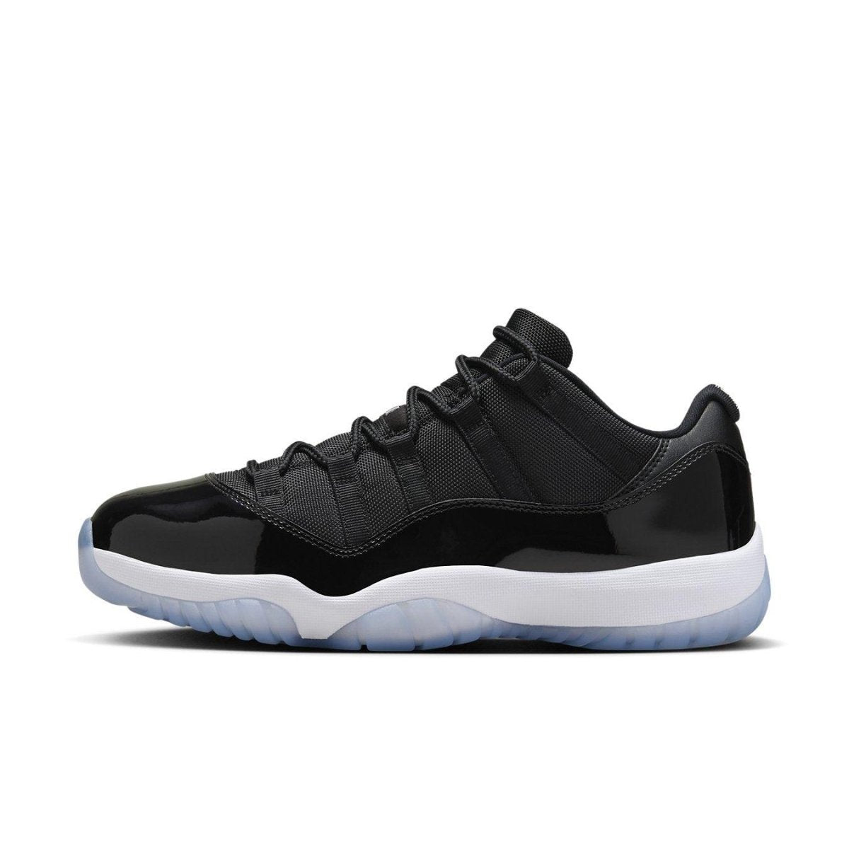 Air Jordan 11 Retro Low Space Jam in black mesh and patent leather with icy outsole for a sleek look.