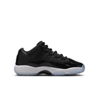 Air Jordan 11 Retro Low Space Jam GS sneaker in black mesh with patent leather and icy sole.