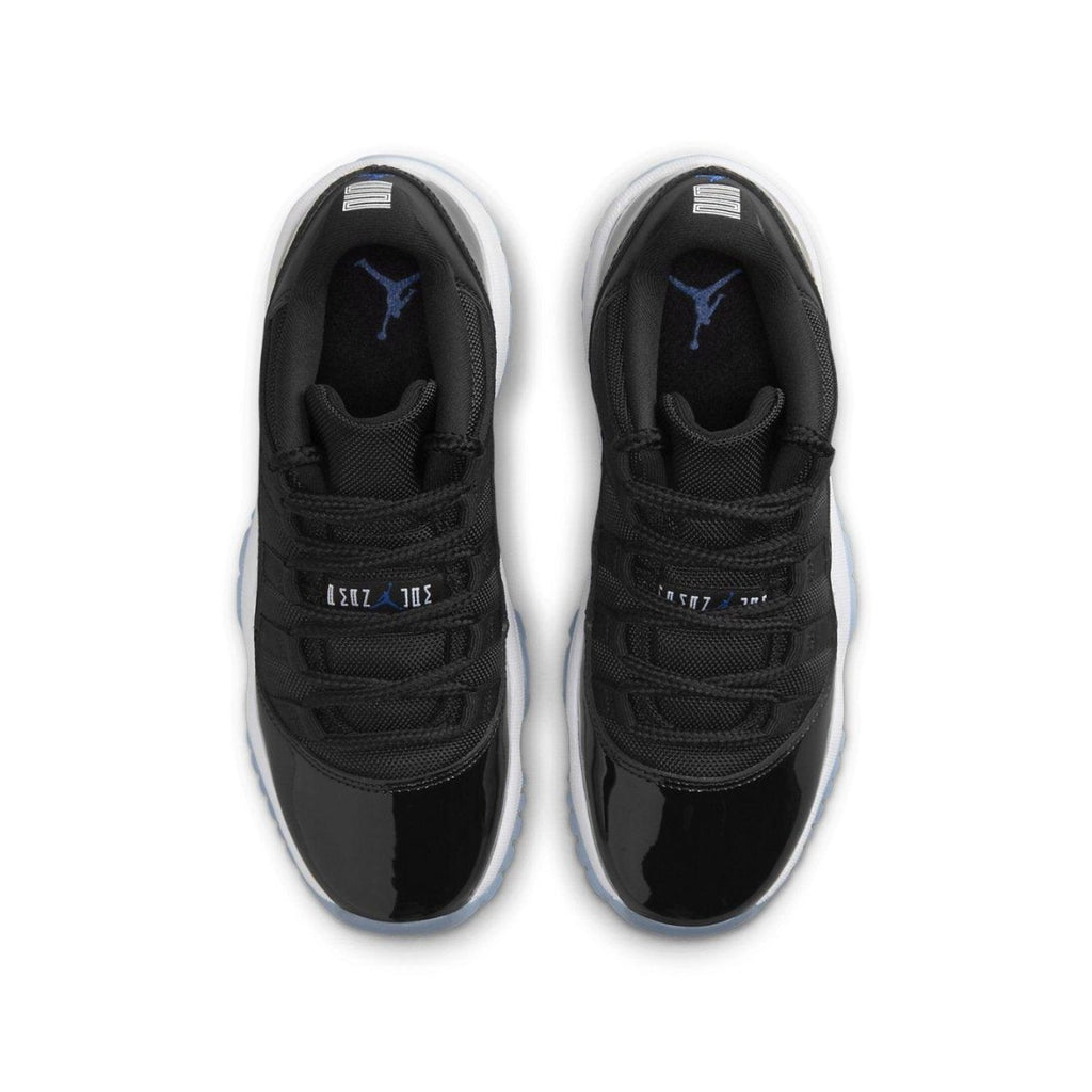 Air Jordan 11 Retro Low Space Jam (GS) black sneaker top view with classic Jumpman logo.