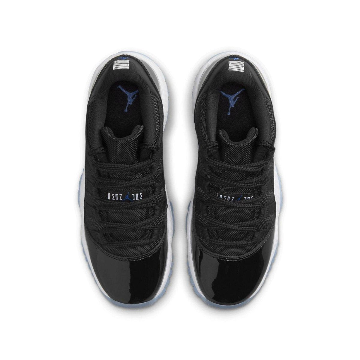 Air Jordan 11 Retro Low Space Jam (GS) black sneaker top view with classic Jumpman logo.