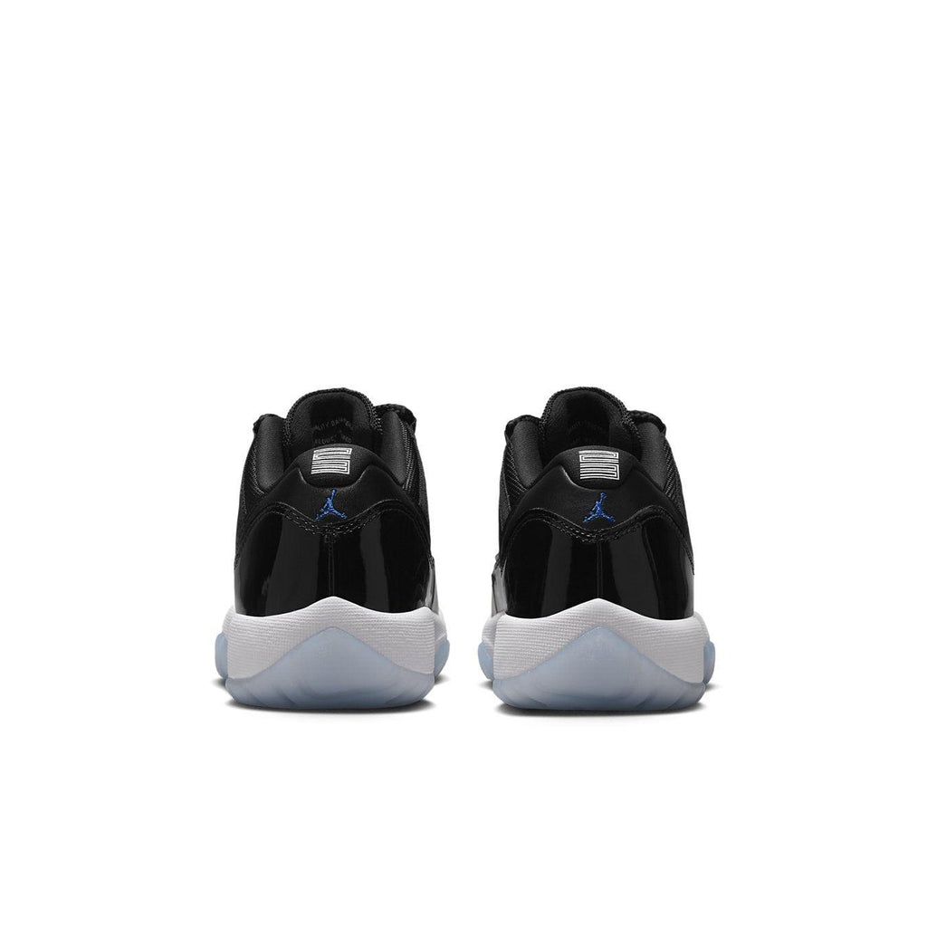 Rear view of Air Jordan 11 Retro Low Space Jam sneakers showing sleek black design and iconic Jumpman logo.