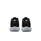 Rear view of Air Jordan 11 Retro Low Space Jam sneakers showing sleek black design and iconic Jumpman logo.