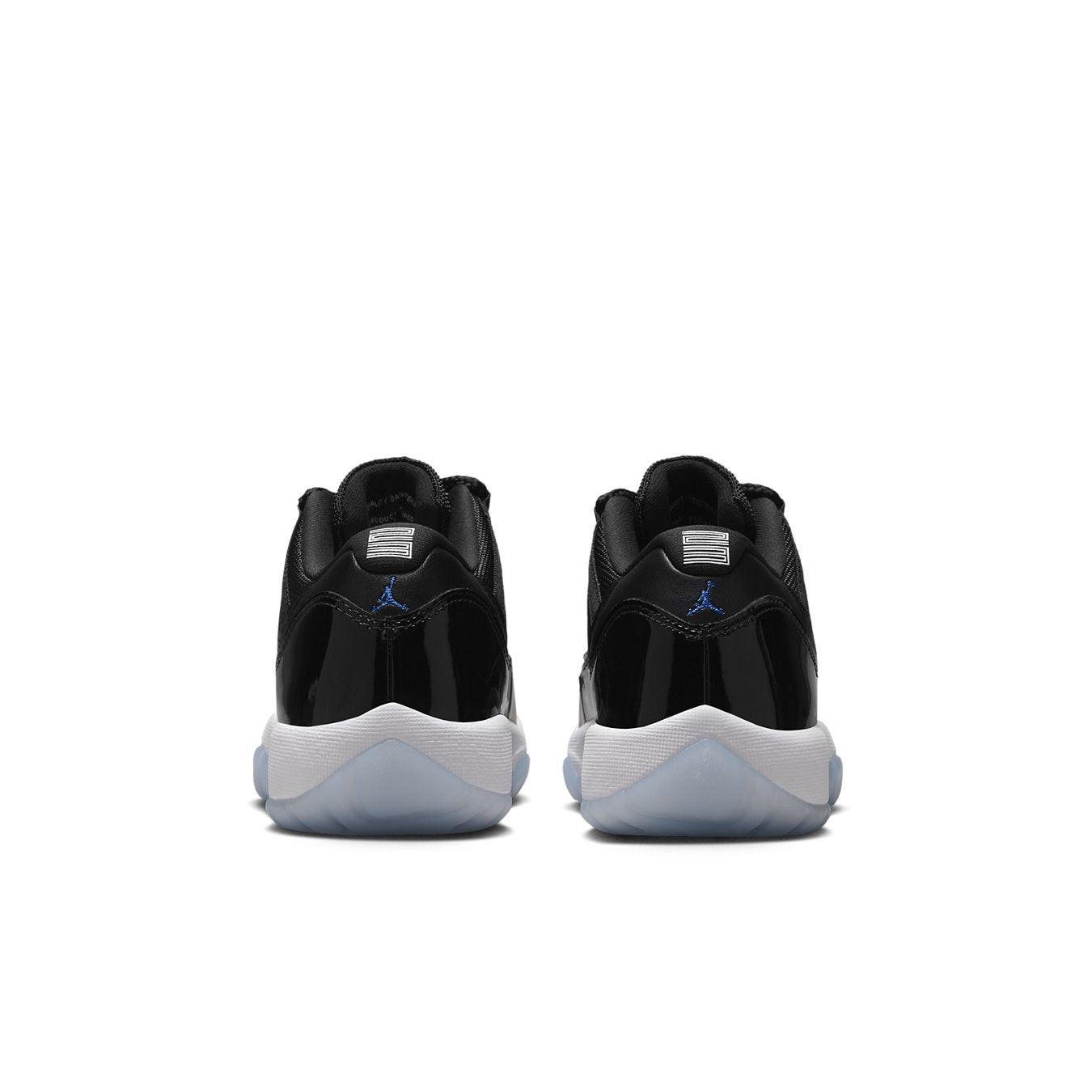 Rear view of Air Jordan 11 Retro Low Space Jam sneakers showing sleek black design and iconic Jumpman logo.