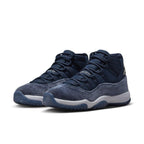 Air Jordan 11 Retro Midnight Navy women’s basketball shoes featuring navy nubuck and velvet panels.