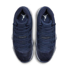 Air Jordan 11 Retro Midnight Navy women's basketball shoes with navy nubuck and velvet panels.