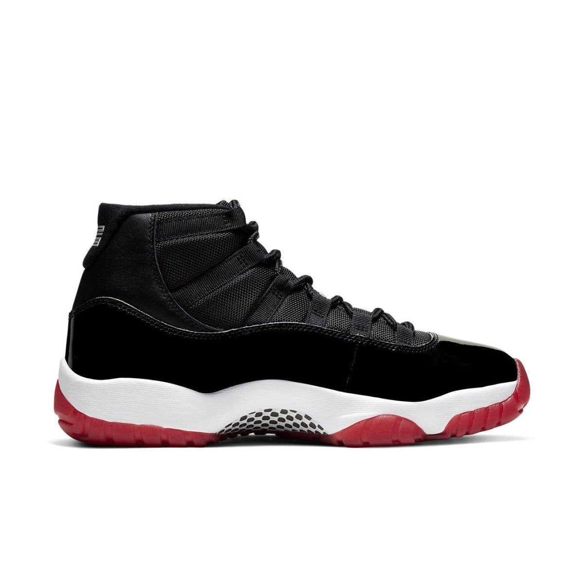 Air Jordan 11 Retro Bred 2019 sneakers in black and Varsity Red side view.
