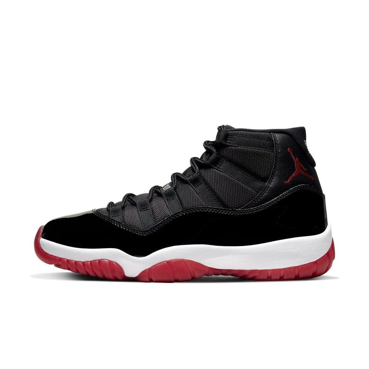 Air Jordan 11 Retro 'Bred' 2019 sneaker featuring black mesh and patent leather with Varsity Red sole.
