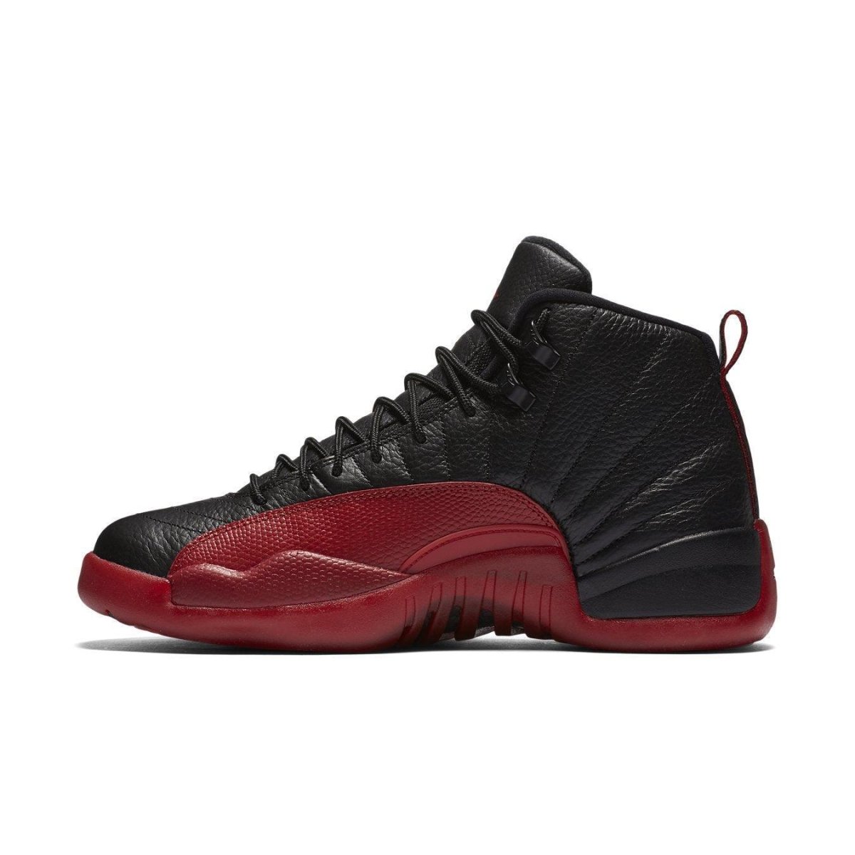 Air Jordan 12 Retro 'Flu Game' 2016 black and red basketball shoes side view.