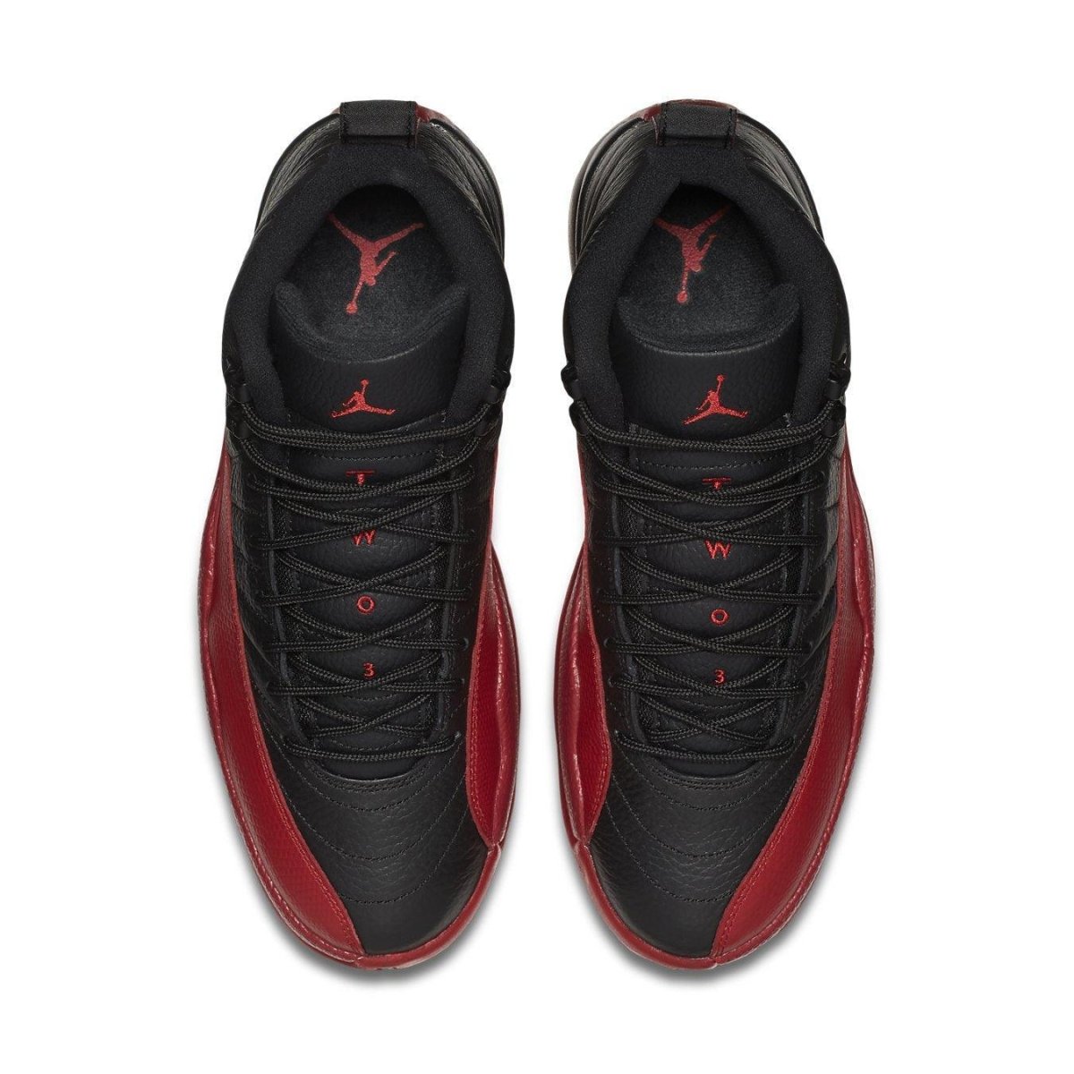 Air Jordan 12 Retro Flu Game 2016 top view featuring black and red colorway and iconic Jumpman logo.