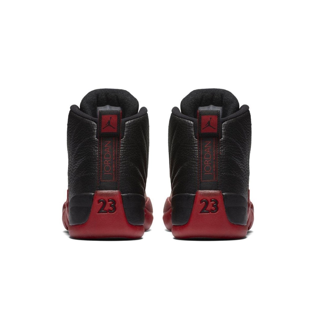Rear view of the Air Jordan 12 Retro 'Flu Game' 2016 with black and red colorway, featuring iconic 23.