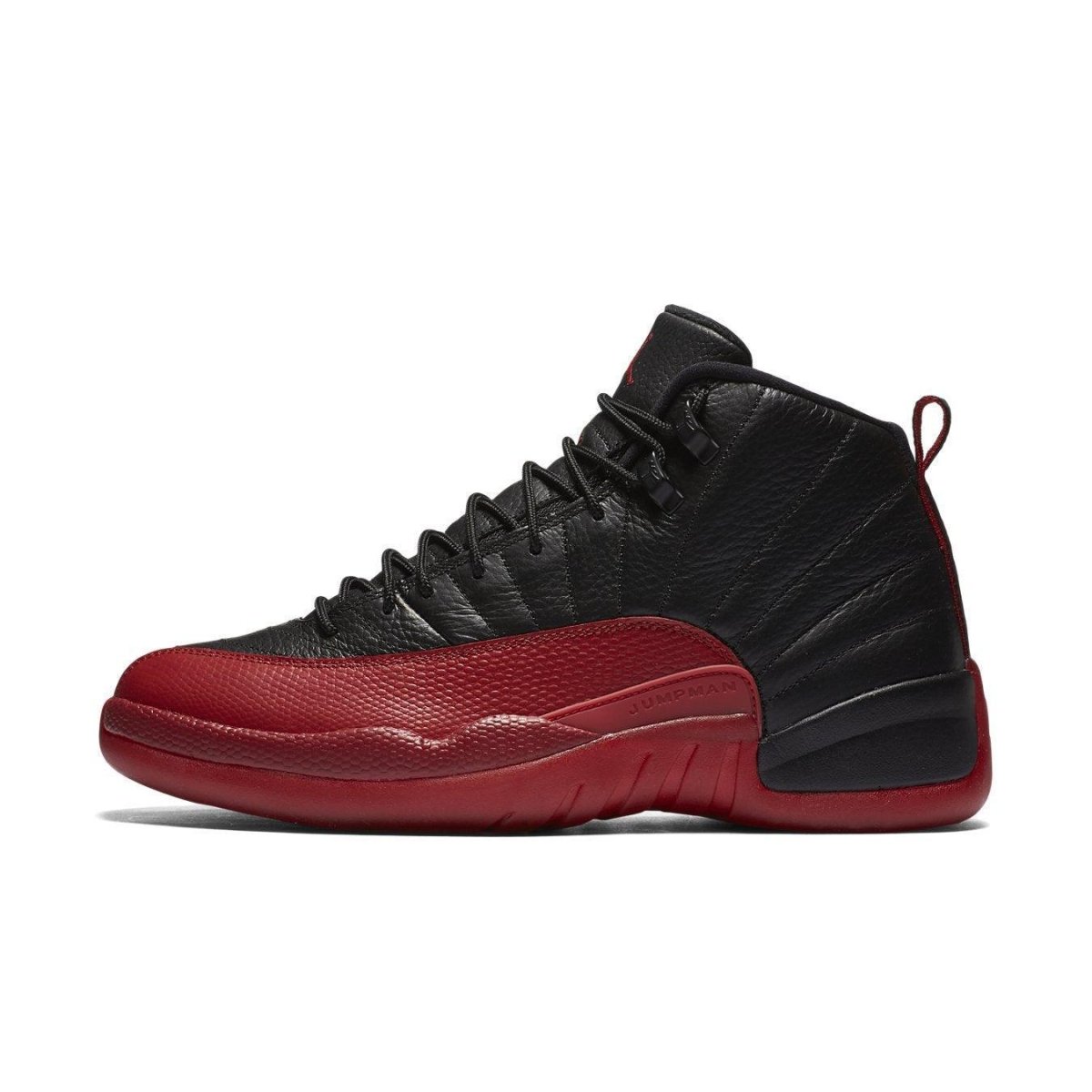 Jordan 12 Retro Flu Game (2016) sneaker in black and red colorway, inspired by Michael Jordan's iconic NBA performance.