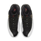 Air Jordan 12 Retro Playoffs 2022 sneakers, featuring black leather upper and white lizard texture overlays.