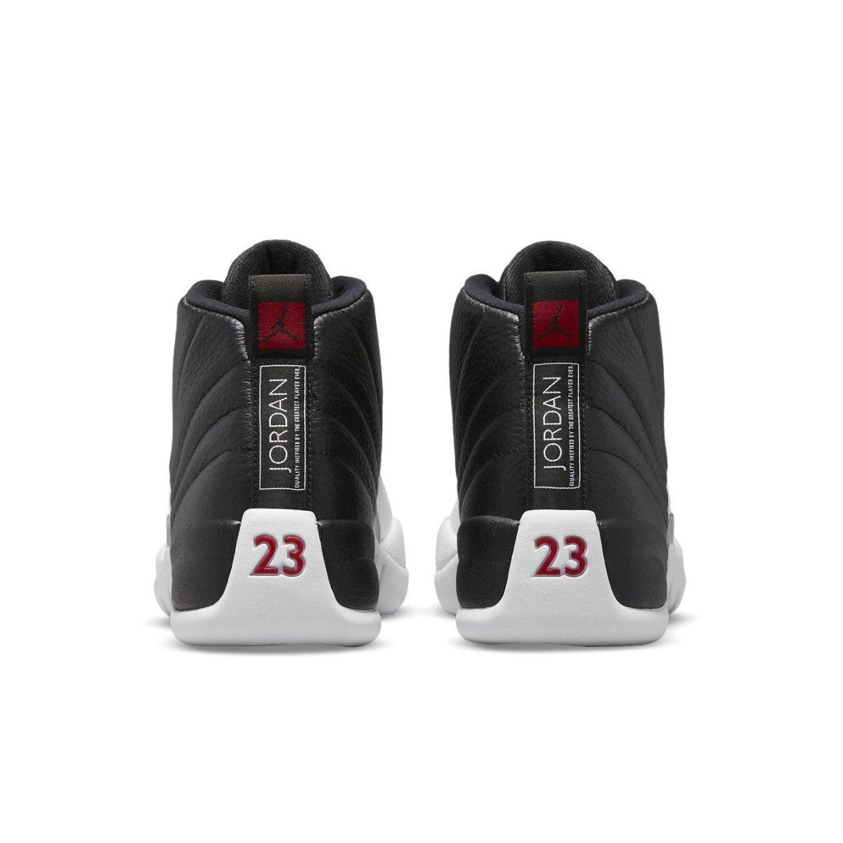Rear view of Air Jordan 12 Retro Playoffs 2022 sneakers showcasing black leather and red accents.
