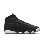 Air Jordan 13 Retro Playoffs 2023 in black leather and suede, featuring red accents and Jumpman logo.