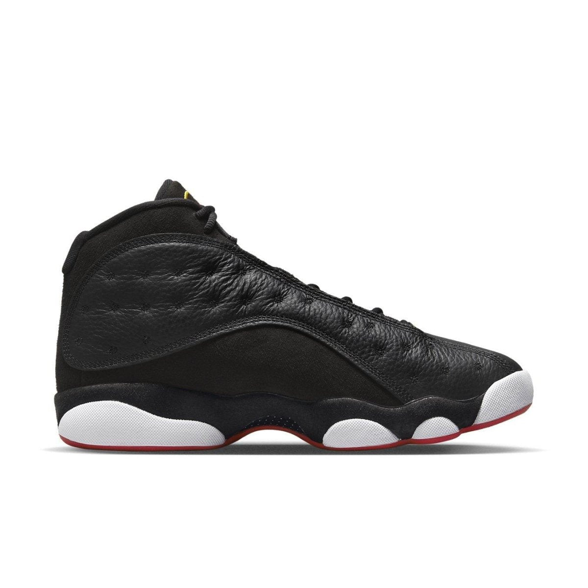 Air Jordan 13 Retro Playoffs 2023 in black leather and suede, featuring red accents and Jumpman logo.