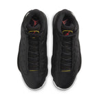 Top view of Air Jordan 13 Retro Playoffs (2023) in black leather and suede with Jumpman logo.