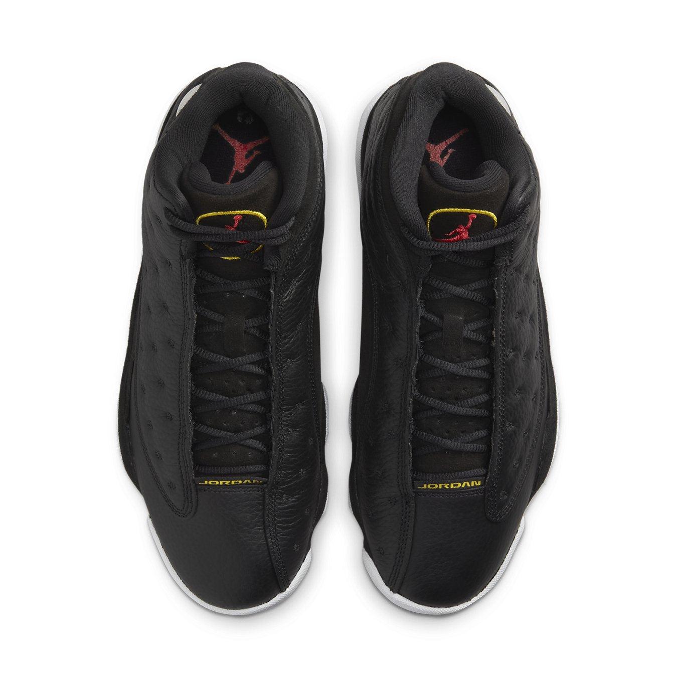 Top view of Air Jordan 13 Retro Playoffs (2023) in black leather and suede with Jumpman logo.