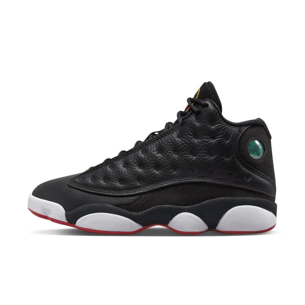 Air Jordan 13 Retro Playoffs 2023 in black quilted leather with green hologram and Jumpman logo.