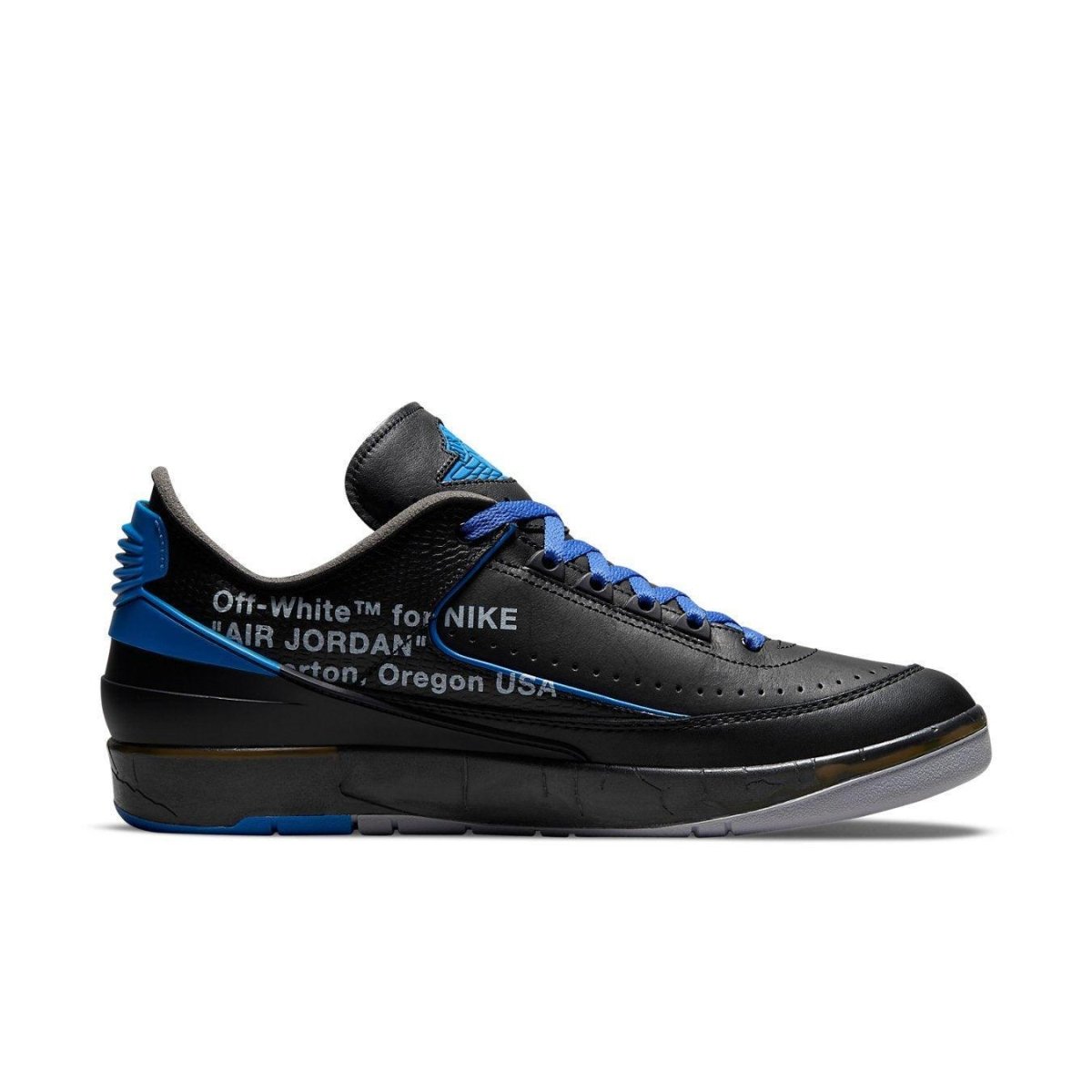 Off-White x Air Jordan 2 Retro Low SP in black and blue with lizard texture details and unique design by Virgil Abloh.