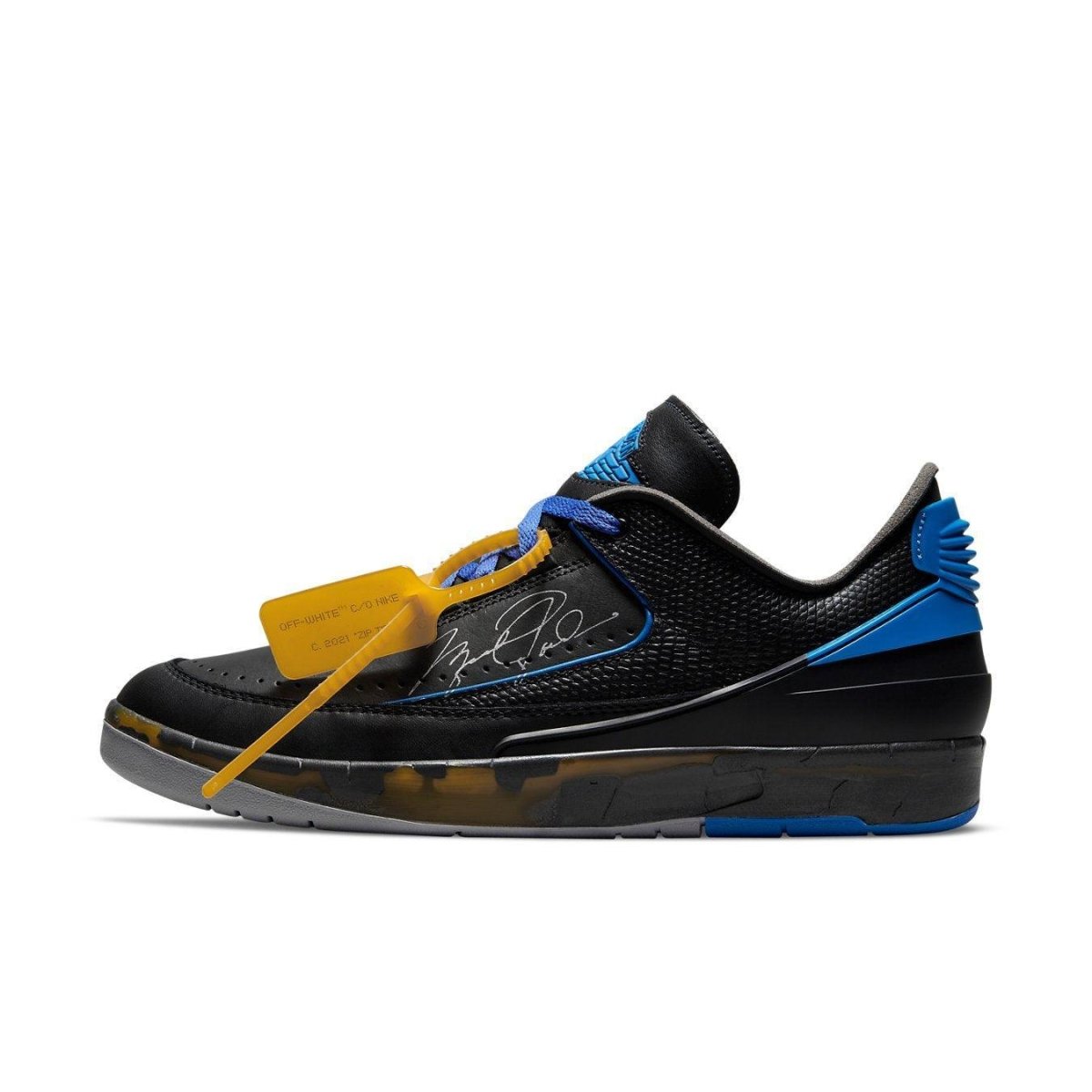 Air Jordan 2 Retro Low SP Off-White Black Blue sneaker featuring black leather and royal blue accents.