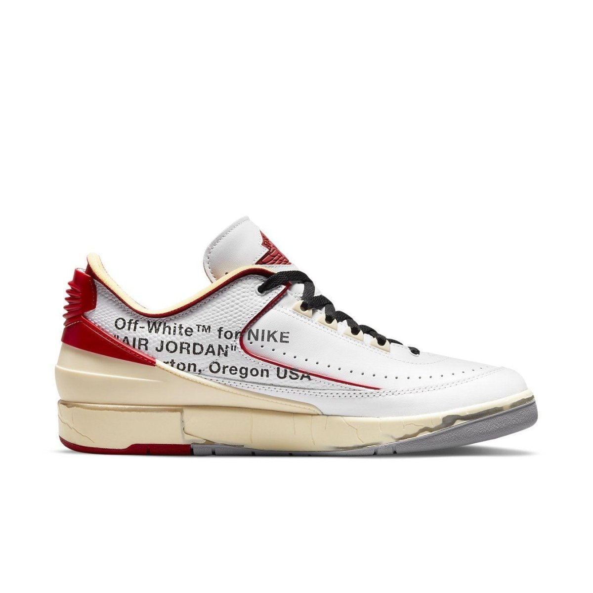 Off-White x Air Jordan 2 Retro Low SP in white and red with distinctive design details by Virgil Abloh.