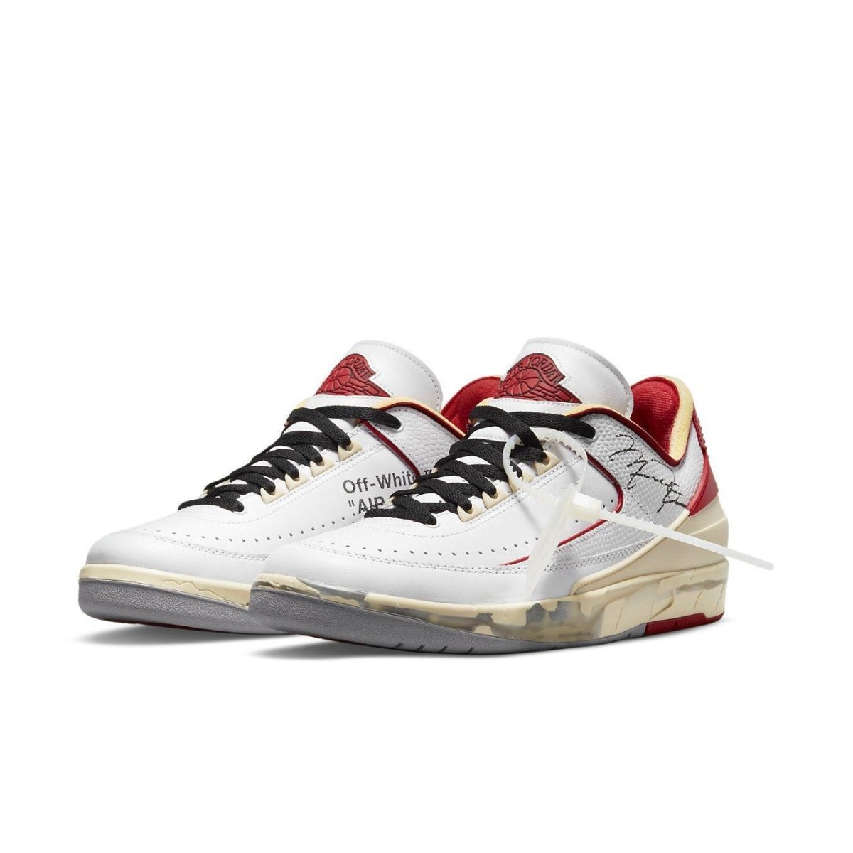 Off-White x Air Jordan 2 Retro Low SP in White and Varsity Red featuring signature design elements.