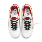 Air Jordan 2 Retro Low Off-White in white and red with black laces, featuring Virgil Abloh's signature design elements.