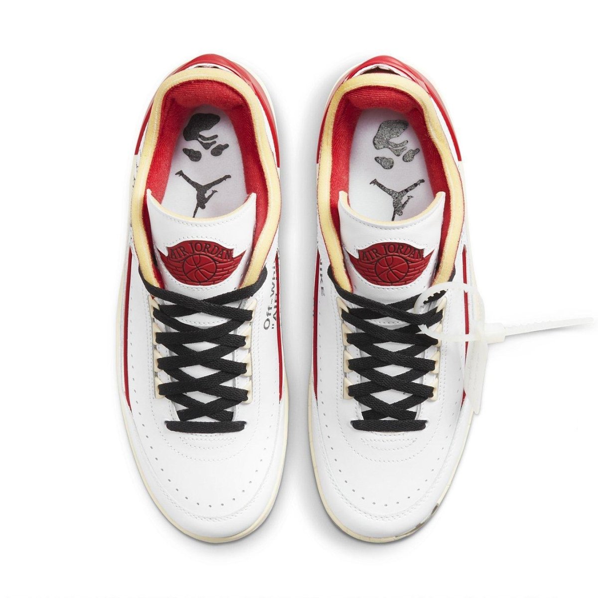 Air Jordan 2 Retro Low Off-White in white and red with black laces, featuring Virgil Abloh's signature design elements.