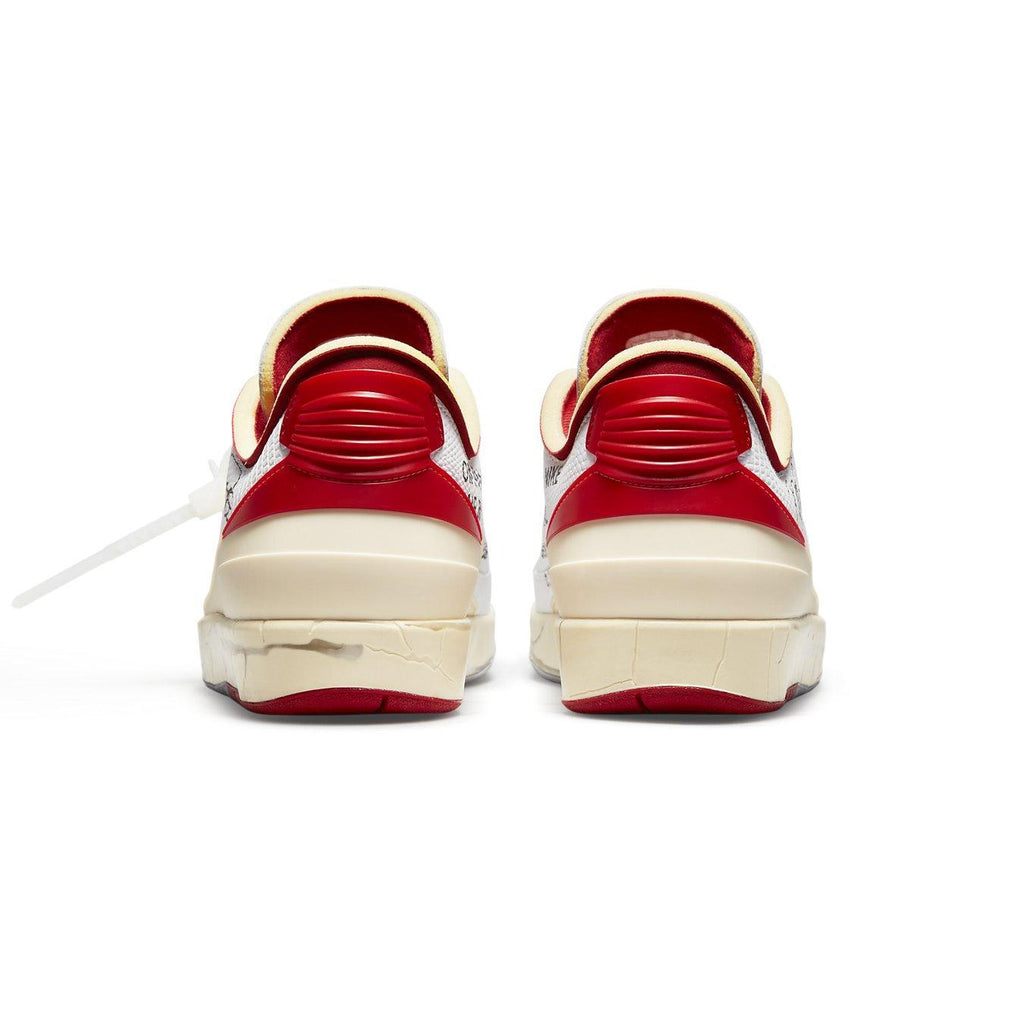 Back view of Jordan 2 Retro Low SP Off-White in white and varsity red with distinctive design details.
