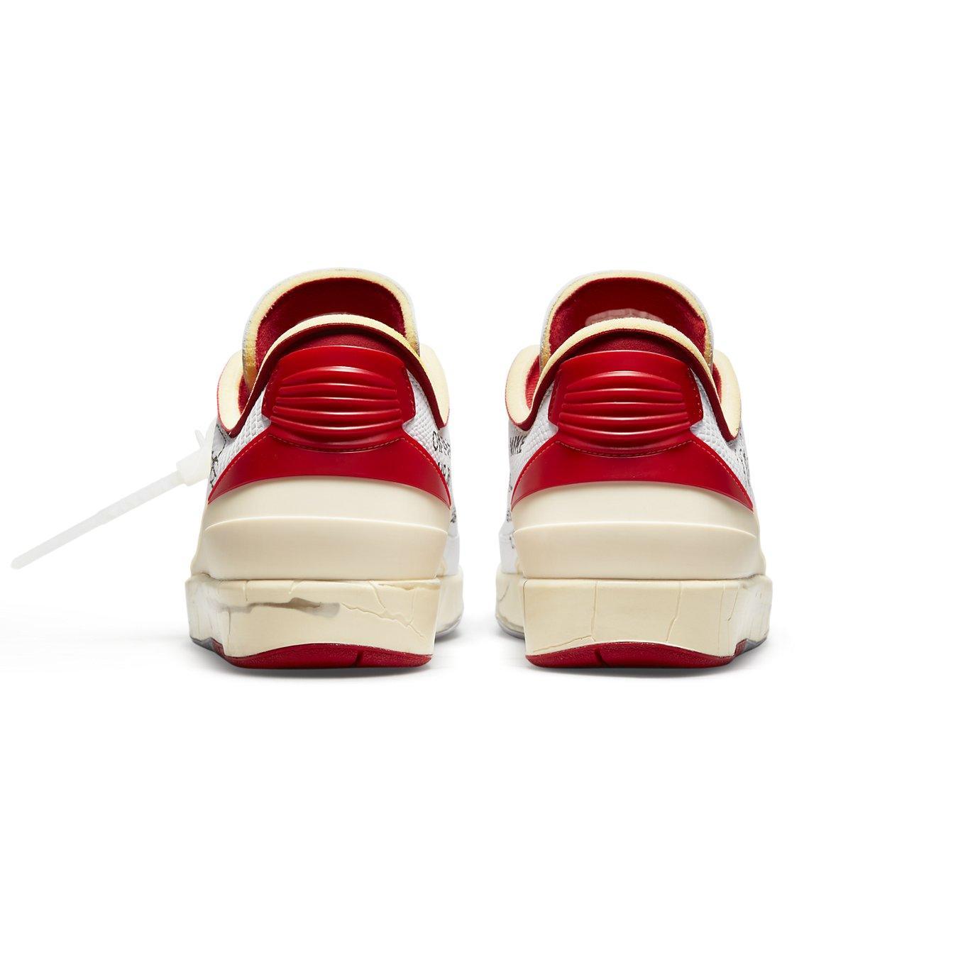 Back view of Jordan 2 Retro Low SP Off-White in white and varsity red with distinctive design details.