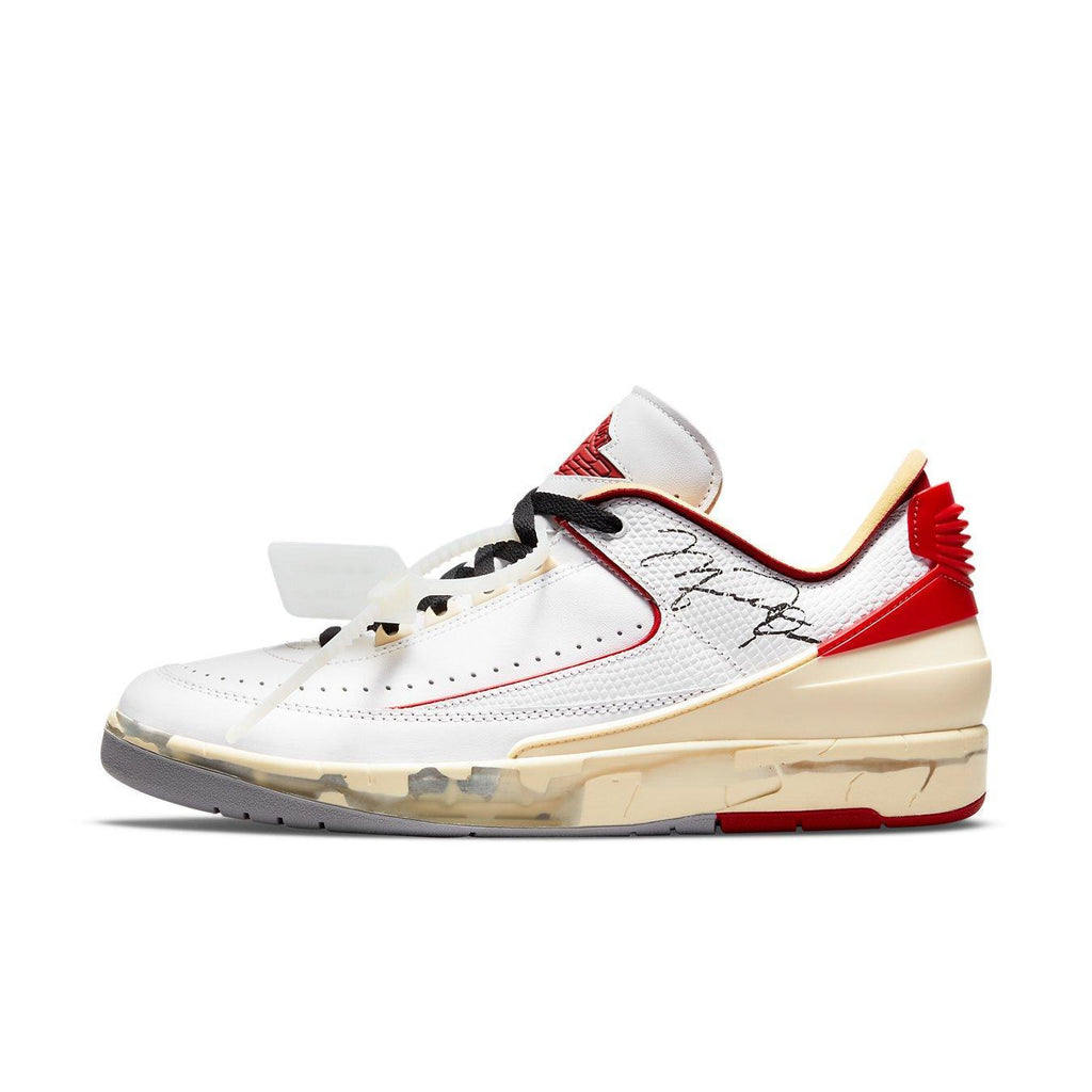 Jordan 2 Retro Low SP Off-White White Red featuring white leather upper and red accents, designed by Virgil Abloh.